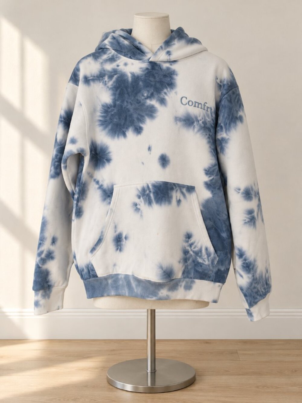 Comfrt Blue White Tie Dye Oversized Pullover Hoodie XS